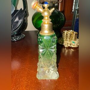 Vintage Green Cut Glass Perfume Atomizer with Brass Top